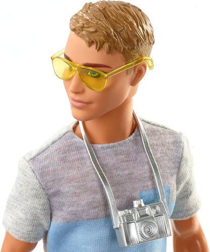 Barbie Travel Ken Doll, Dark Blonde, with 5 Accessories Including a Camera and Backpack, for 3 to 7 Year Olds