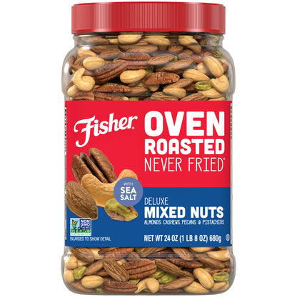 Fisher Snack Oven Roasted Never Fried Deluxe Mixed Nuts, 24 Ounces, Almonds, Cashews, Pecans, Pistachios, Made With Sea Salt, Non-GMO, No Oils, Artificial Ingredients or Preservatives