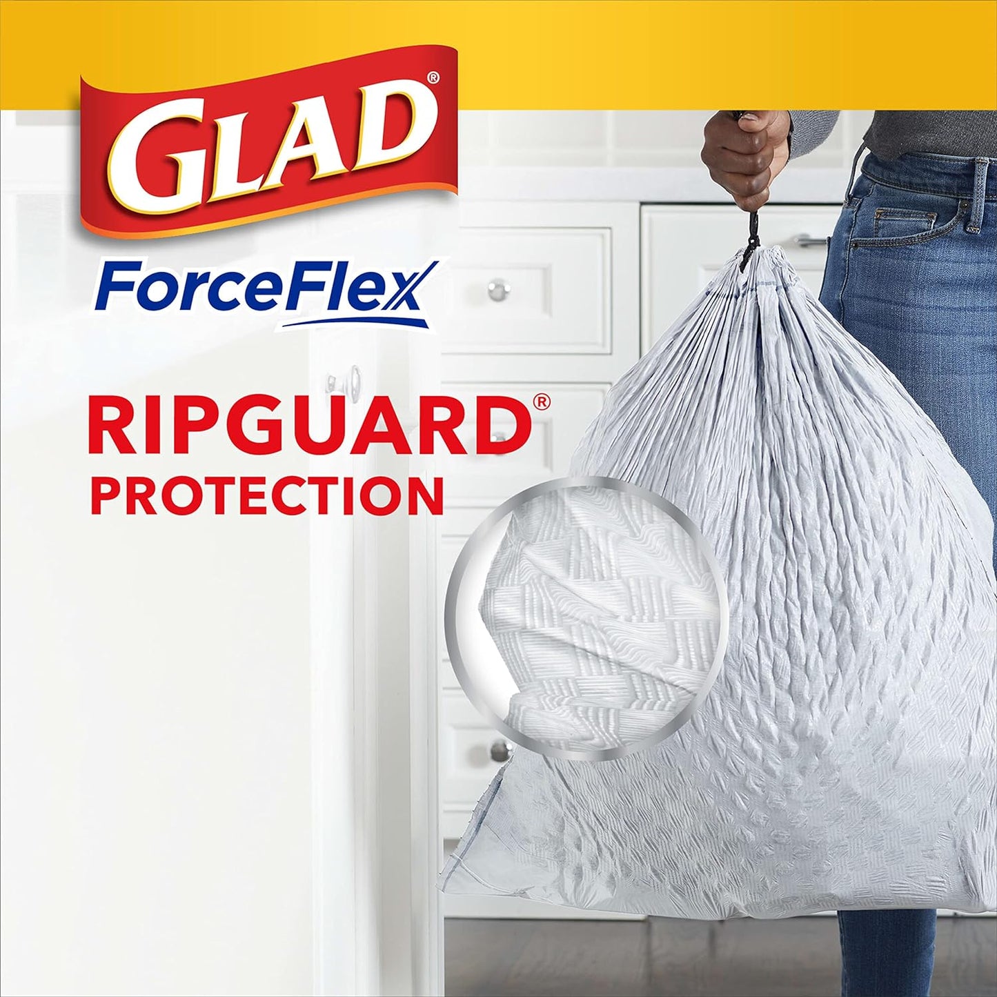 Glad ForceFlex Tall Kitchen Drawstring Trash Bags, 13 Gallon, Gain Original with Febreze 40 Ct