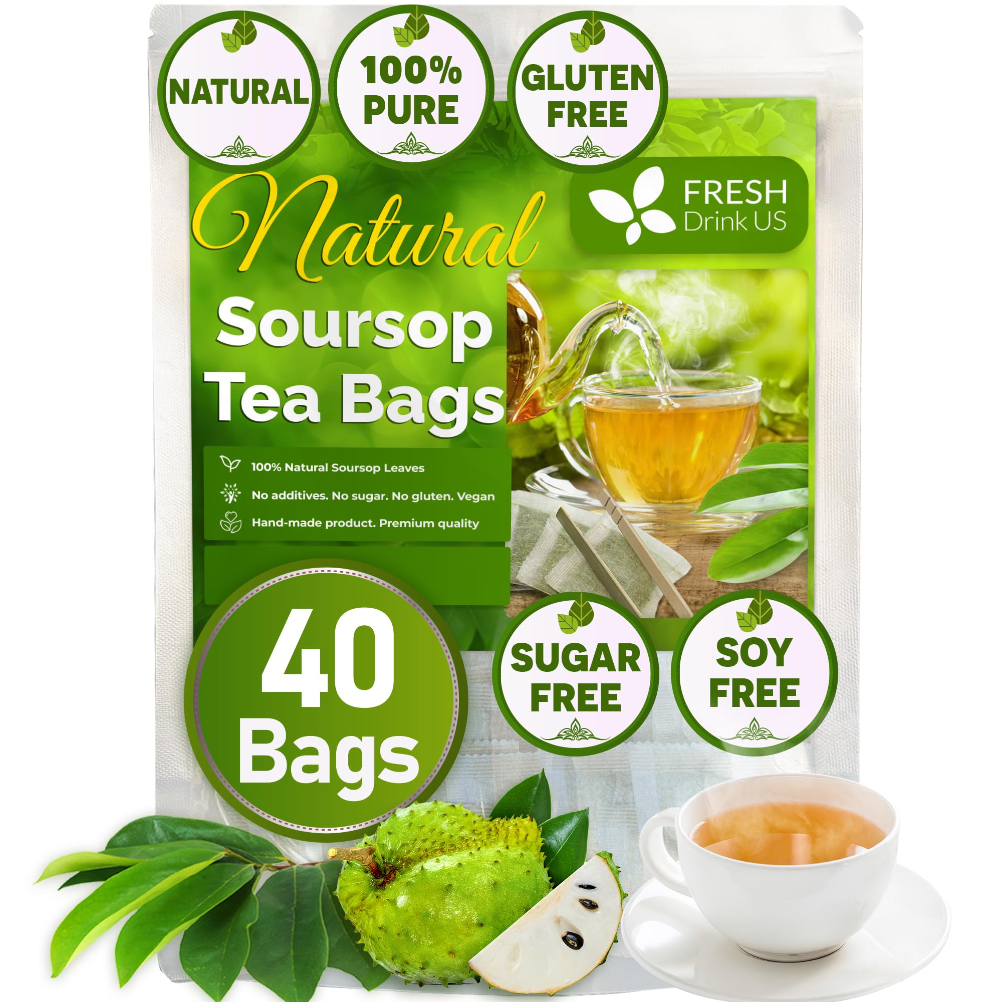 FreshDrinkUS, Premium 40 Soursop Graviola Leaf Tea Bags, 100% Natural+Pure from Soursop Leaves, Handmade, Made With Natural Materials-Corn Fiber Tea Bag, Sugar/Caffeine/Gluten Free, Hoja Guanabana Tea