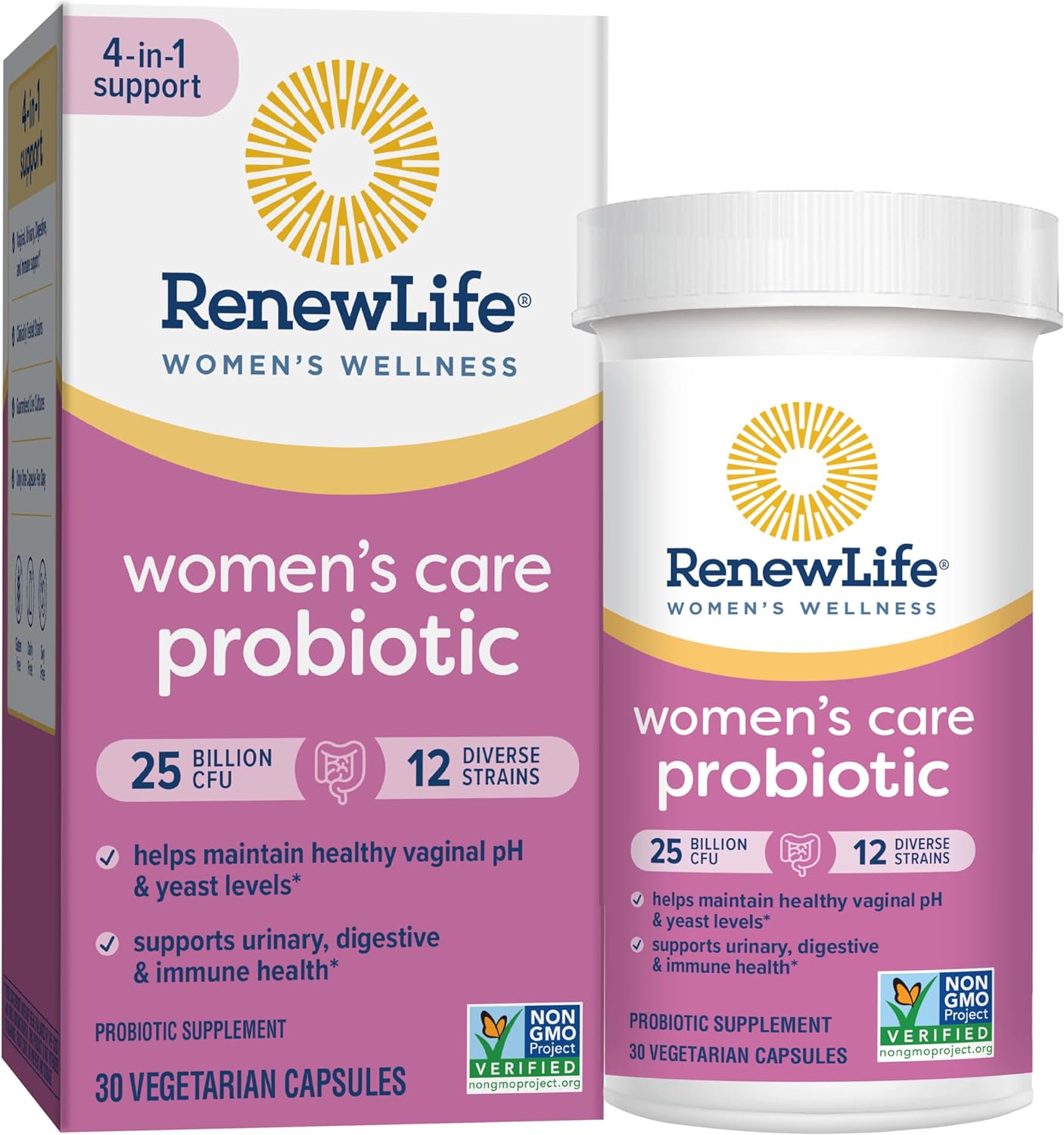 Renew Life Women’s Probiotic, Women’s Care Probiotic, 4-in-1 Support, 25 Billion CFU/Capsule Guaranteed, 12 Strains, Shelf-Stable, 30 Capsules, Value Pack 65% More