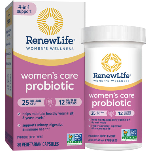 Renew Life Women’s Probiotic, Women’s Care Probiotic, 4-in-1 Support, 25 Billion CFU/Capsule Guaranteed, 12 Strains, Shelf-Stable, 30 Capsules, Value Pack 65% More