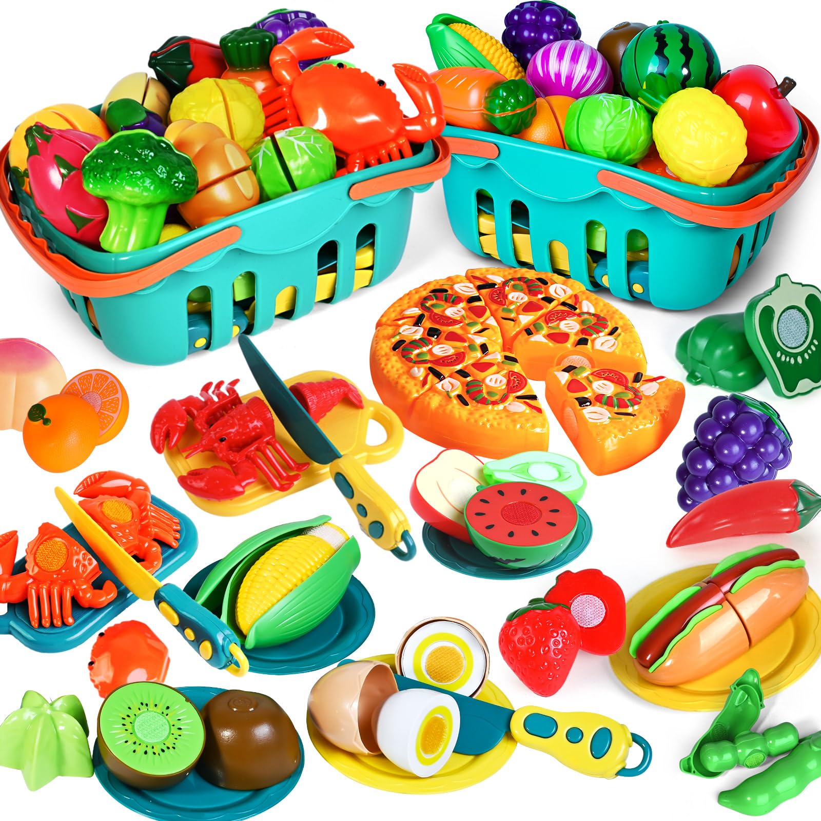 100 PCS Cutting Play Food Toy for Kids Kitchen, Pretend Food Toys for Toddlers, Play Kitchen Toys Accessories with 2 Baskets, Fake Food/Fruit/Vegetable, Birthday Gifts for 2 3 4 5 Years Old Boys Girls