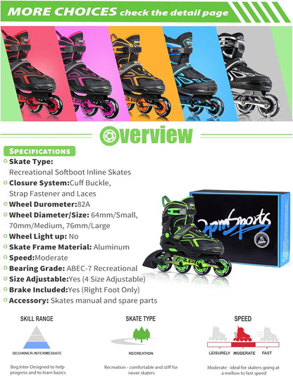 2PM SPORTS Torinx Green Boys Adjustable Inline Skates, Fun Beginner Roller Skates for Kids, Youth, Girls, Men and Women