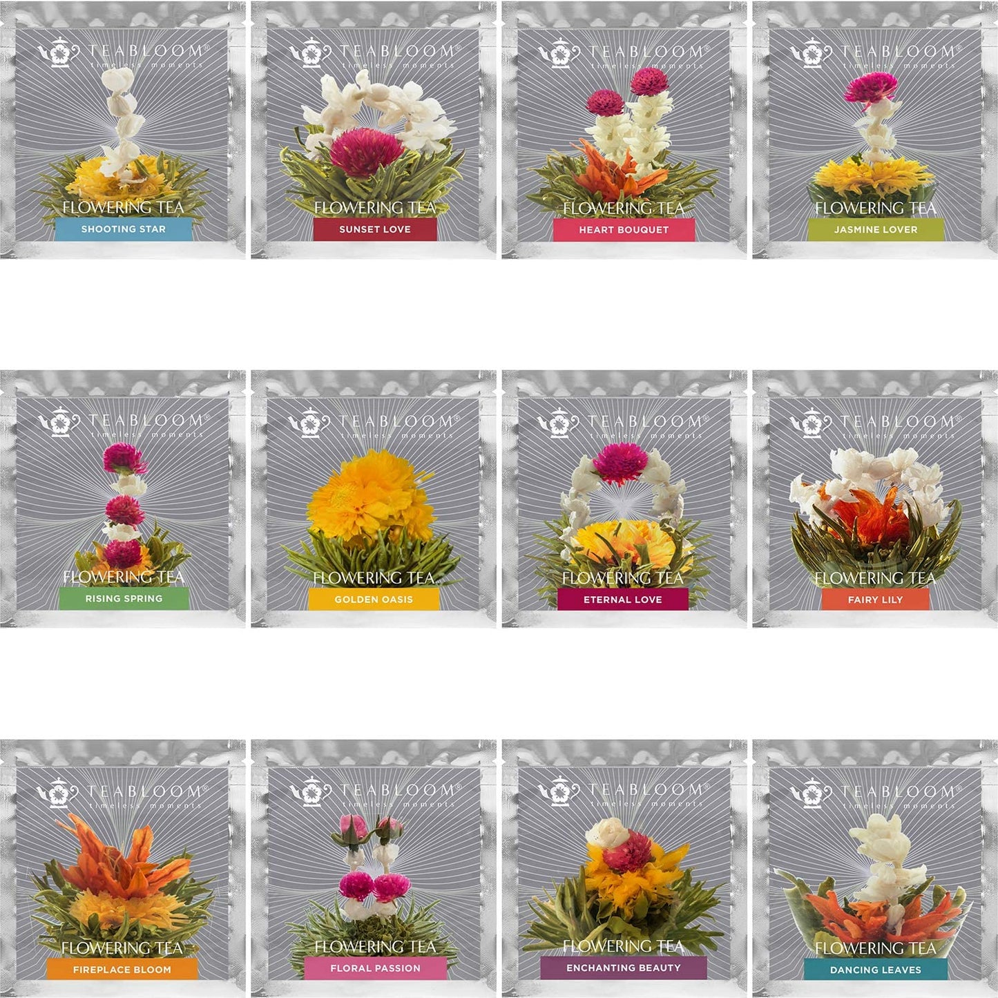 Teabloom Flowering Tea - 12 Unique Varieties of Fresh Blooming Tea Flowers - Hand-Tied Natural Green Tea Leaves & Edible Flowers - 12-Pack Gift Canister - 36 Steeps, Makes 250 Cups