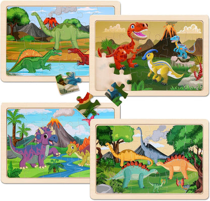 Wooden Puzzles Dinosaur Toys for Kids Ages 3-5, Set of 4 Packs with 24-Piece Wood Jigsaw Puzzles, Preschool Educational Brain Teaser Boards for Boys and Girls 3 4 5 6 Years Old