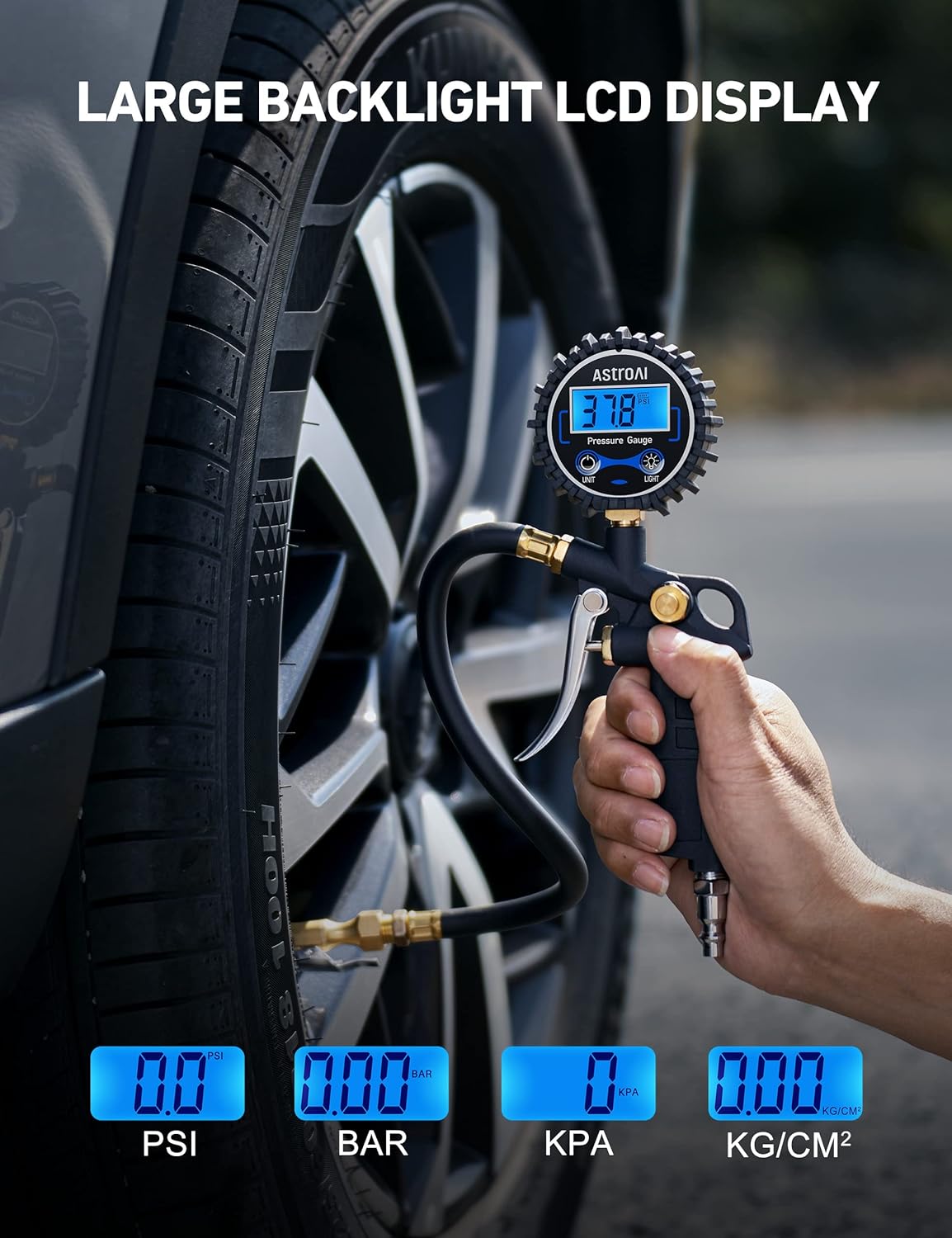AstroAI Digital Tire Pressure Gauge with Inflator, 250 PSI Air Chuck & Compressor Accessories Heavy Duty with Quick Connect Coupler, 0.1 Display Resolution, Car Accessories & Stocking Stuffers for Men