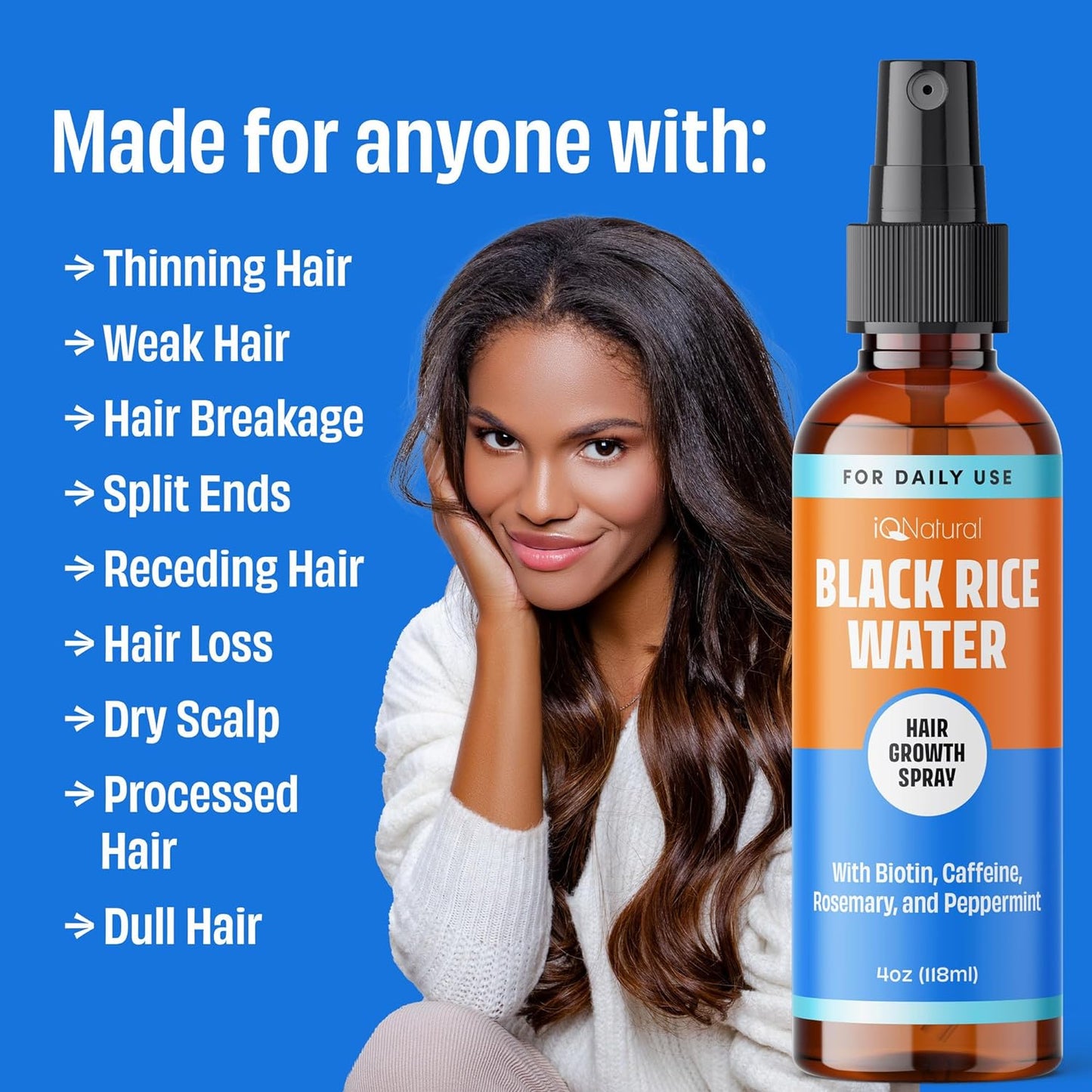 IQ Natural Rice Water for Hair Growth Spray, Rosemary Water Spray for Hair Growth, Rosemary Oil Black Rice Water Spray Hair Growth Women, Biotin Spray for Hair Growth, Hydrating Hair Mist - 4oz