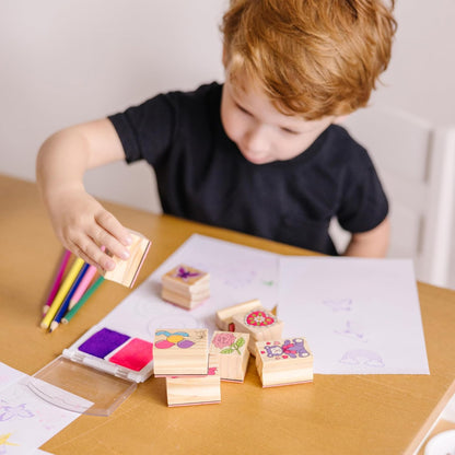 Melissa & Doug Wooden Stamp Set: Friendship - 9 Stamps, 5 Colored Pencils, and 2-Color Pad Kids Art Projects, Stamps With Washable Ink, Hearts Rainbows For Ages 4+