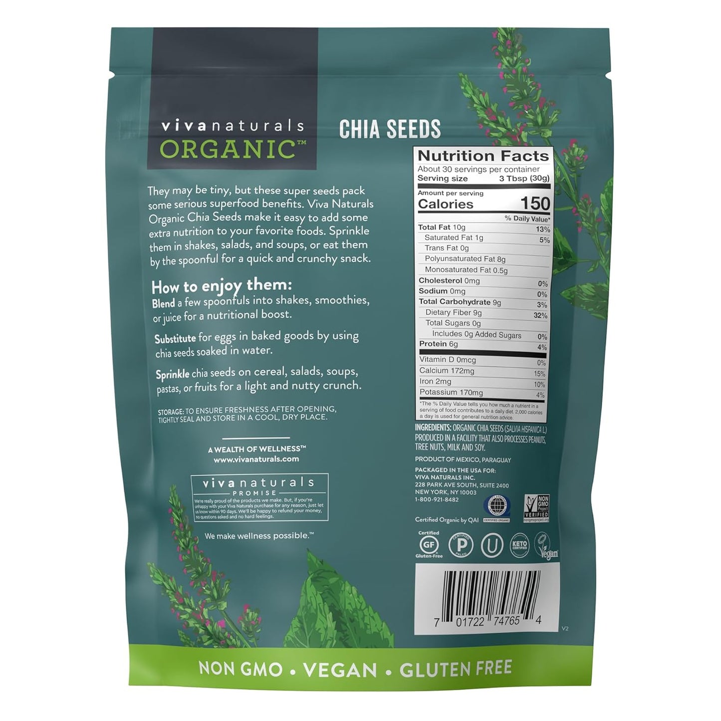 Viva Naturals Organic Chia Seeds - Plant-Based Omegas 3 and Vegan Protein, Perfect for Smoothies, Salads and Chia Puddings, Certified Non-GMO and USDA Organic, 2 lb (907 g)