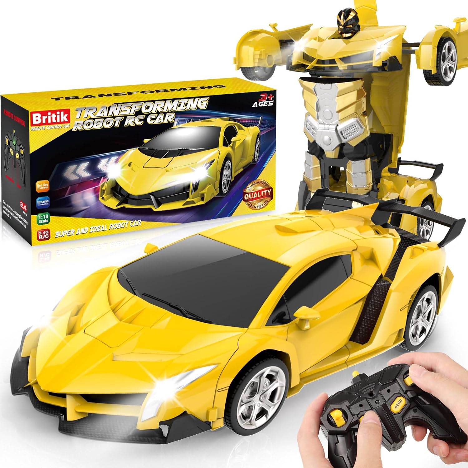 Britik Transform Remote Control Car - RC Cars, One-Button Transforming, 360° Rotation Drifting, 2.4Ghz 1:18 Scale, Gift Kids Aged 4-6 Year Old Boys/Girls