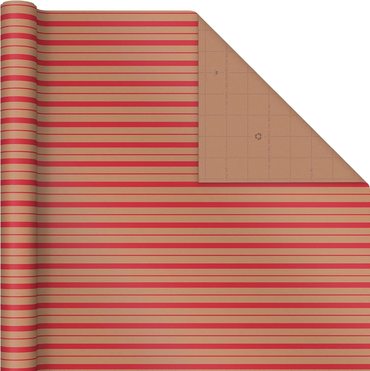 Hallmark Recyclable Christmas Wrapping Paper with Cut Lines on Reverse (3 Rolls: 90 sq. ft. ttl) Kraft Brown with Santas, Green Trees, Red Stripes