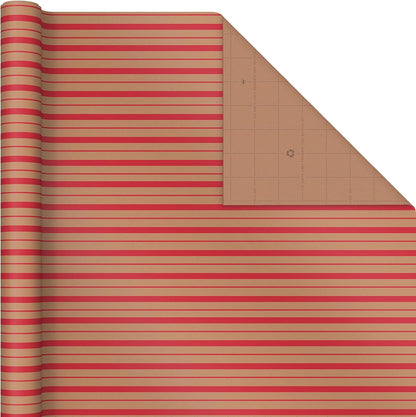 Hallmark Recyclable Christmas Wrapping Paper with Cut Lines on Reverse (3 Rolls: 90 sq. ft. ttl) Kraft Brown with Santas, Green Trees, Red Stripes