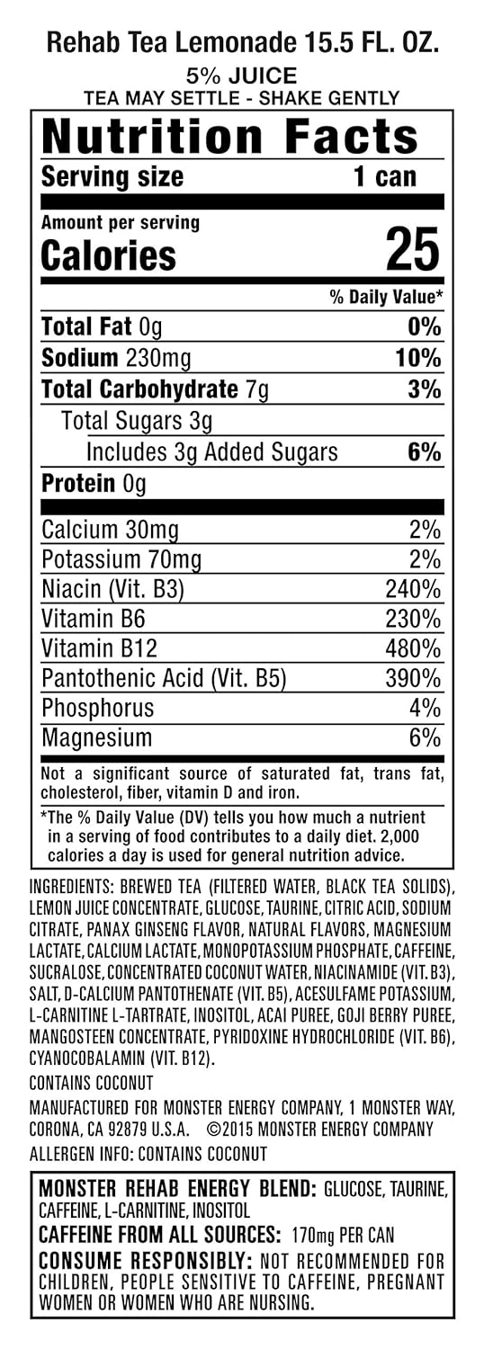 Monster Energy Rehab Tea + Lemonade + Energy, Energy Iced Tea, Energy Drink 15.5 Ounce (Pack of 15)