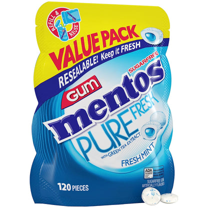 Mentos Pure Fresh Sugar-Free Chewing Gum with Xylitol, Fresh Mint, 120 Piece Bulk Resealable Bag (Pack of 1)