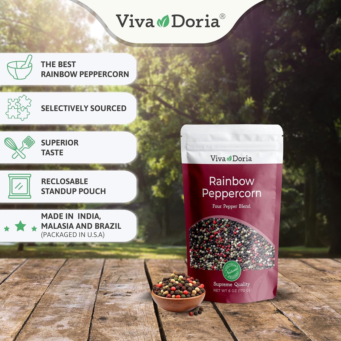 Viva Doria Rainbow Peppercorns - Four Peppercorn Blend, Whole Black, Green, Pink and White Pepper, Steam Sterilized 6 Oz, For Grinder Refill