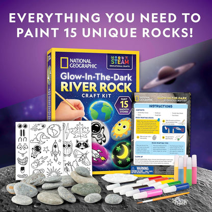 NATIONAL GEOGRAPHIC Glow in The Dark Rock Painting Kit - Arts & Crafts Kit for Kids, Decorate 15 River Rocks with 15 Paint Colors & More Art Supplies, Kids Craft, Kids Art Kit, Kids Activity Kit