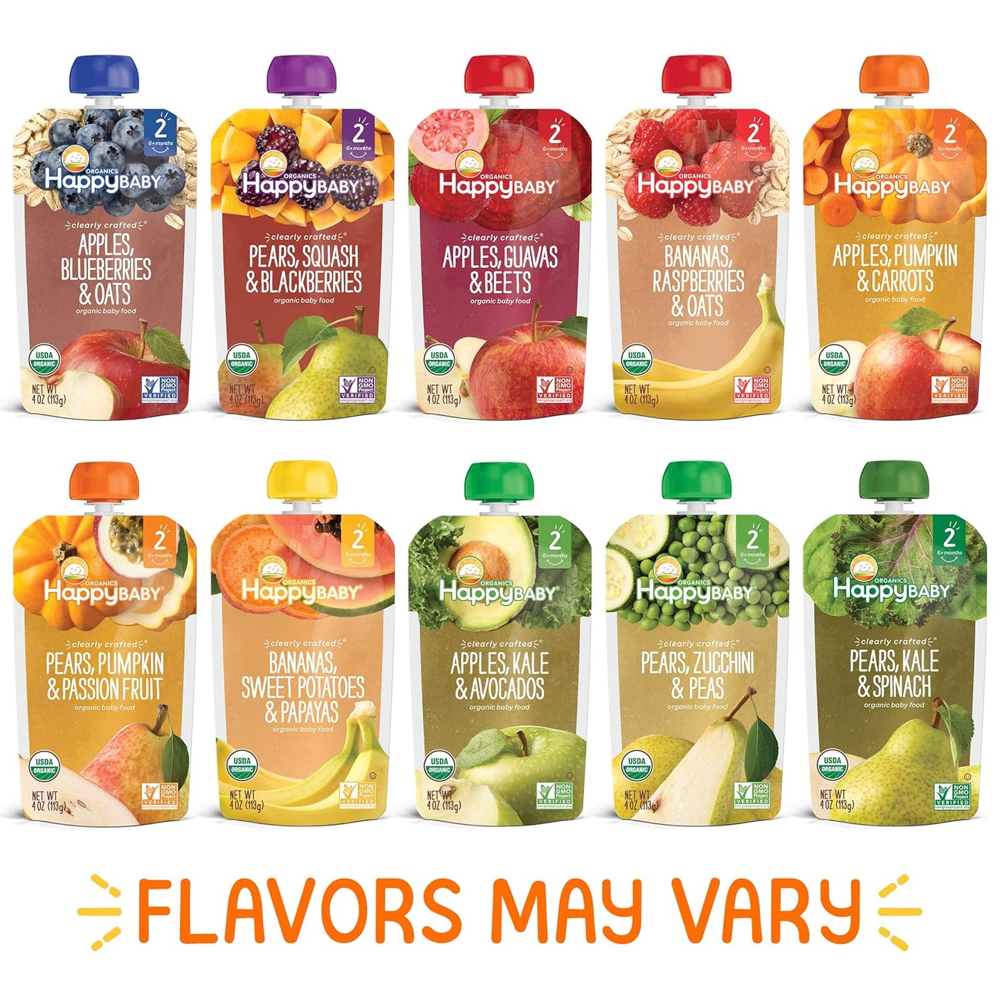 Happy Baby Organics Stage 2 Baby Food Pouches, Gluten Free, Vegan & Healthy Snack, Clearly Crafted Fruit & Veggie Puree, Fruit & Veggie Variety Pack, 4 Ounces (Pack of 10)