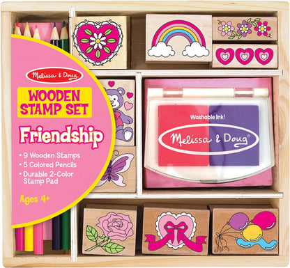 Melissa & Doug Wooden Stamp Set: Friendship - 9 Stamps, 5 Colored Pencils, and 2-Color Pad Kids Art Projects, Stamps With Washable Ink, Hearts Rainbows For Ages 4+