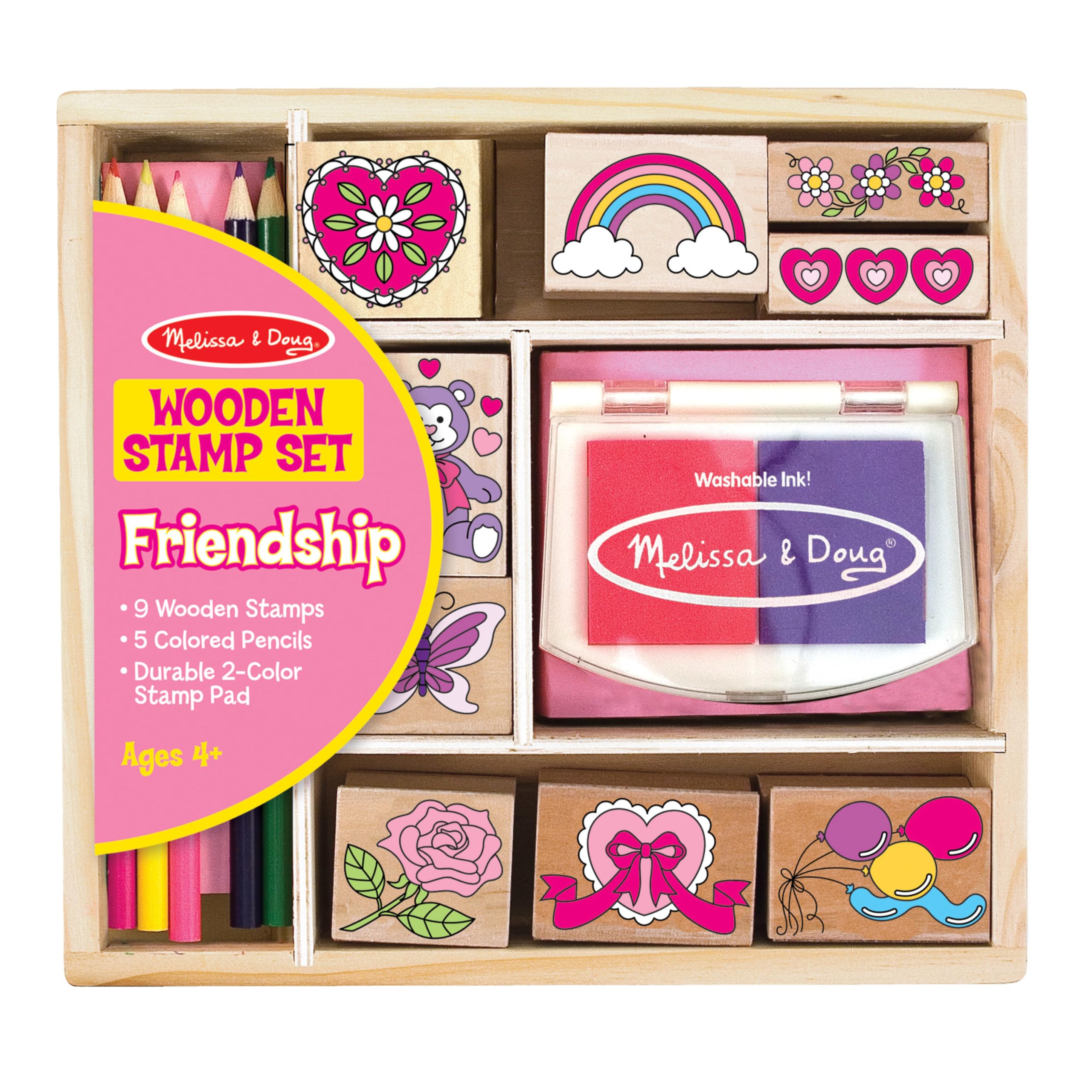 Melissa & Doug Wooden Stamp Set: Friendship - 9 Stamps, 5 Colored Pencils, and 2-Color Pad Kids Art Projects, Stamps With Washable Ink, Hearts Rainbows For Ages 4+