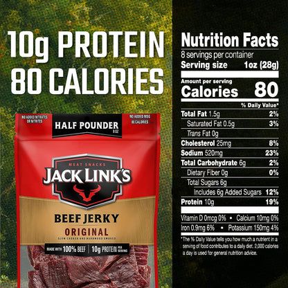 Jack Link's Beef Jerky, Original, 1/2 Pounder Bag - Flavorful Meat Snack, 10g of Protein and 80 Calories, Made with Premium Beef - 96% Fat Free, No Added MSG** or Nitrates/Nitrites, 8oz