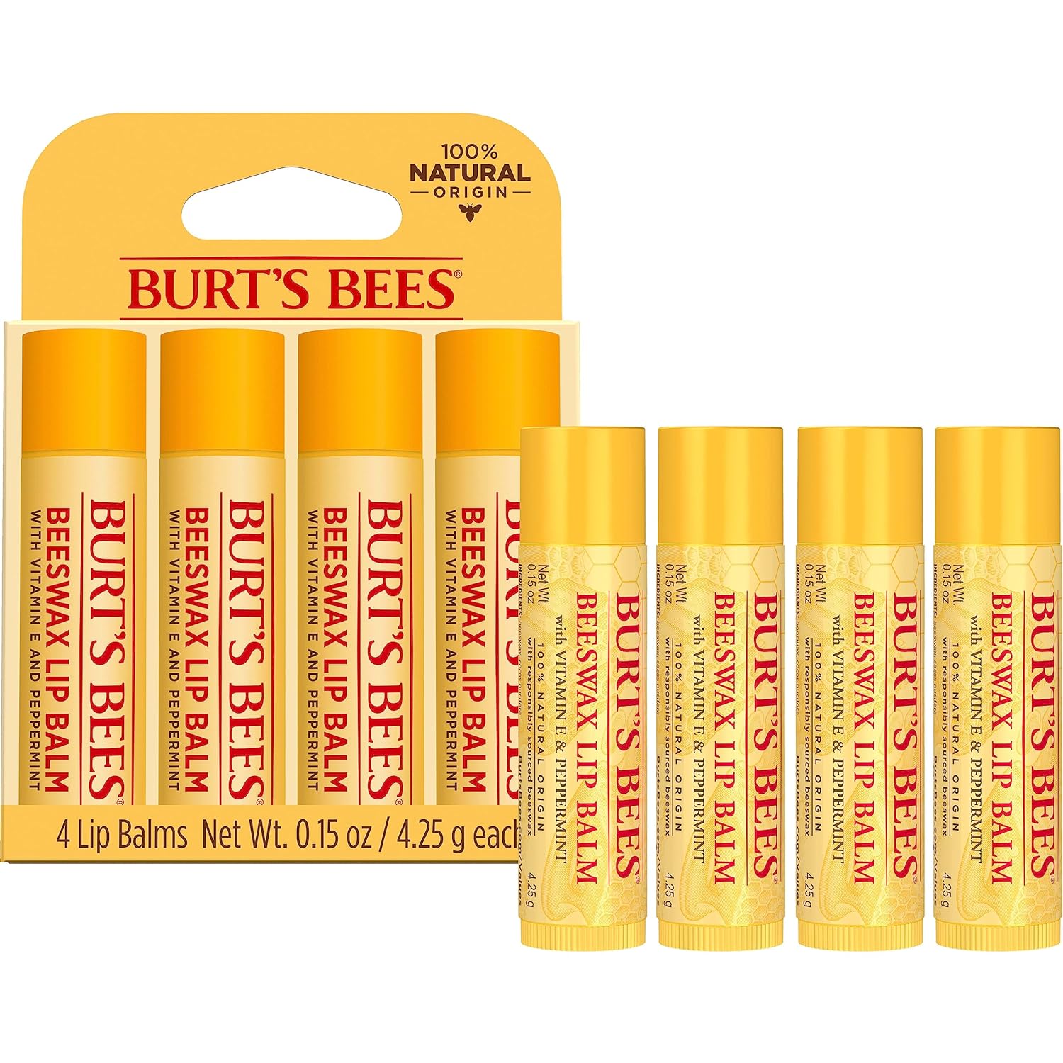 Burt's Bees Lip Balm Stocking Stuffers, Moisturizing Lip Care Christmas Gifts, Original Beeswax with Vitamin E & Peppermint Oil, 100% Natural, 4 Count (Pack of 1)