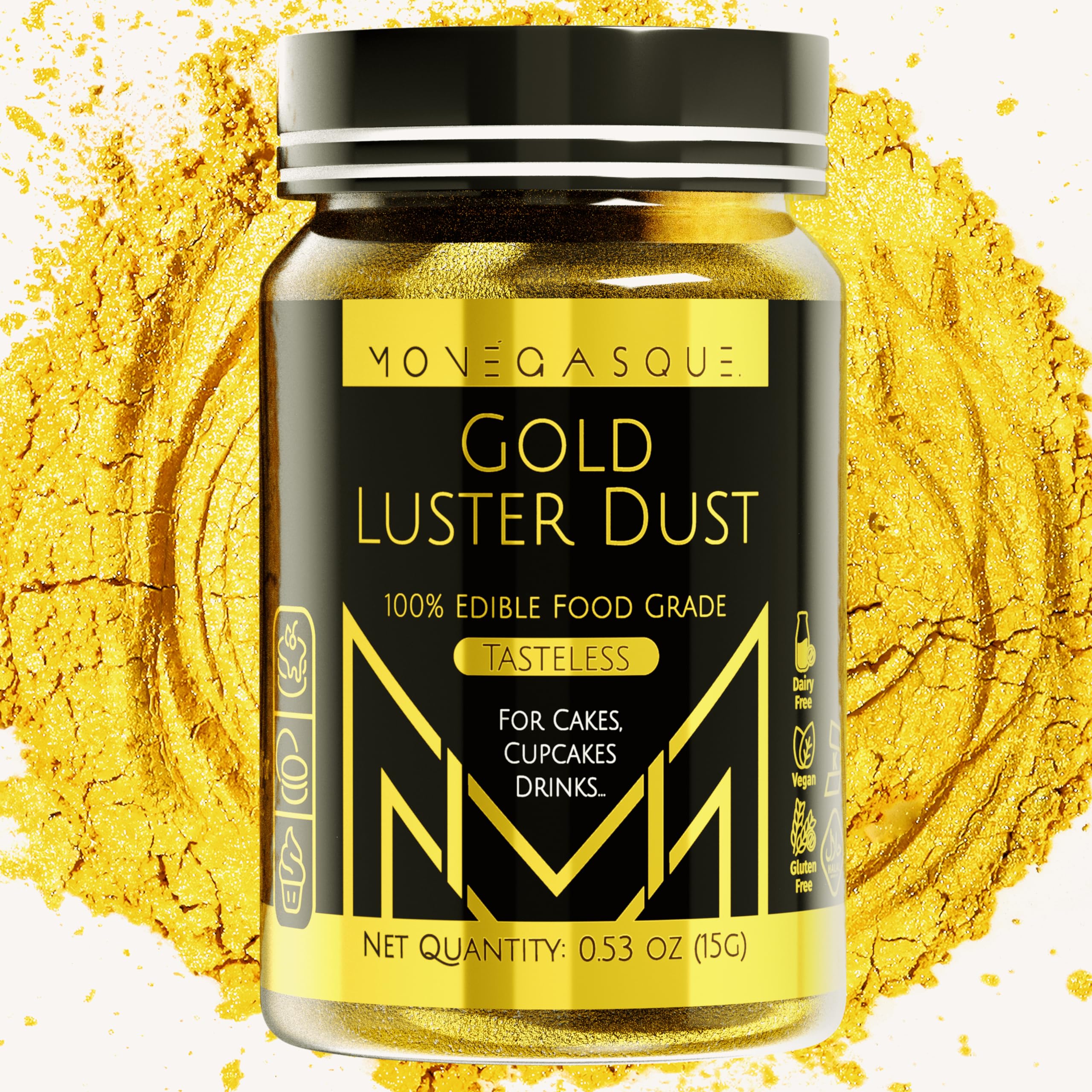 MONÉGASQUE Gold Luster Dust Edible Glitter for Cocktails 15g – Edible Gold Dust for Chocolate & Edible Glitter for Drinks – No Gluten or Dairy – Vegan Christmas Edible Glitter for Cake Decorating