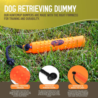 HuntEmUp Standard Size Plastic Dog Training Bumper with Throw Rope Dog Retrieving Dummy Duck Dog Hunting Training Tool Highly Visible Dog Float Toy – Orange - White/Black