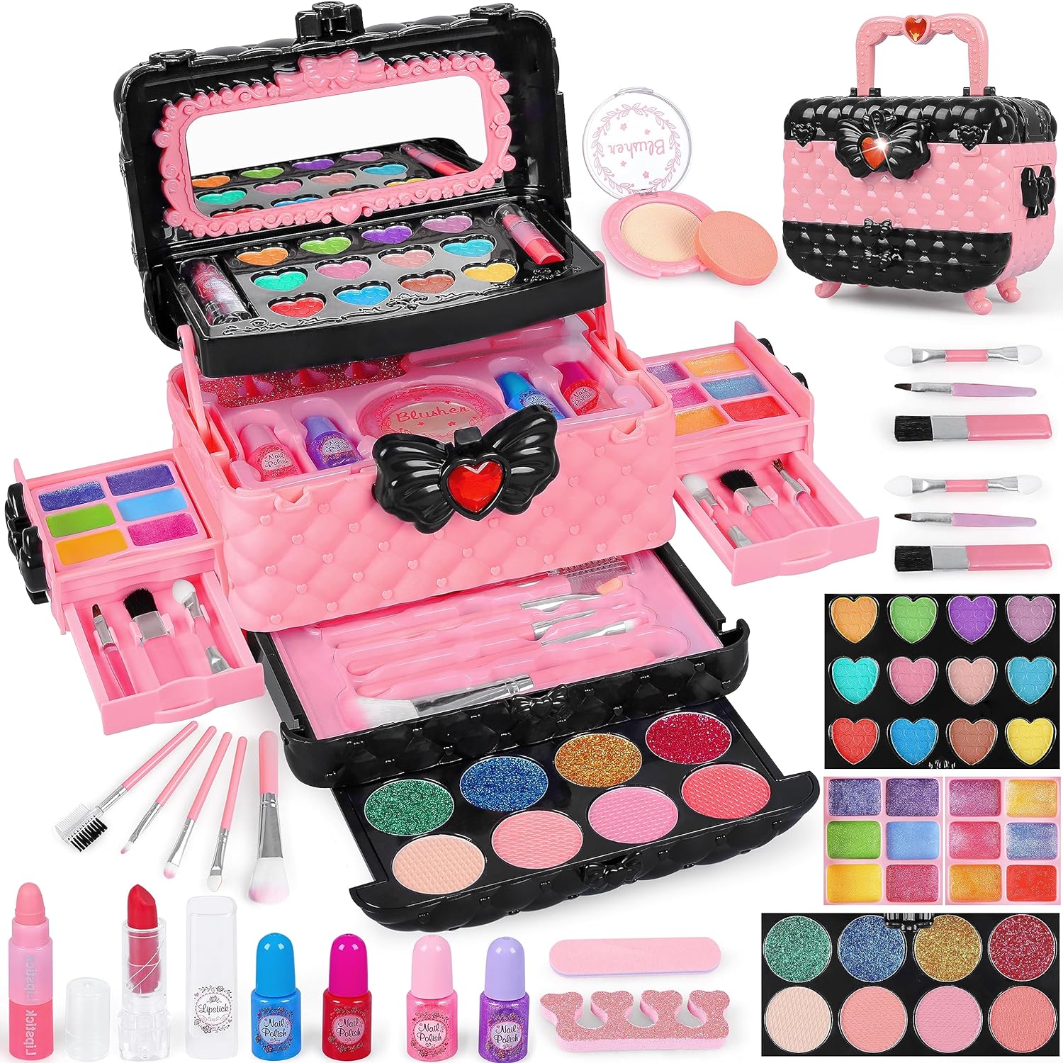54 Pcs Kids Makeup Kit for Girls, Princess Real Washable Pretend Play Cosmetic Set Toys with Mirror, Non-Toxic & Safe, Birthday Gifts for 3 4 5 6 7 8 9 10 Years Old Girls Kids (Pink)
