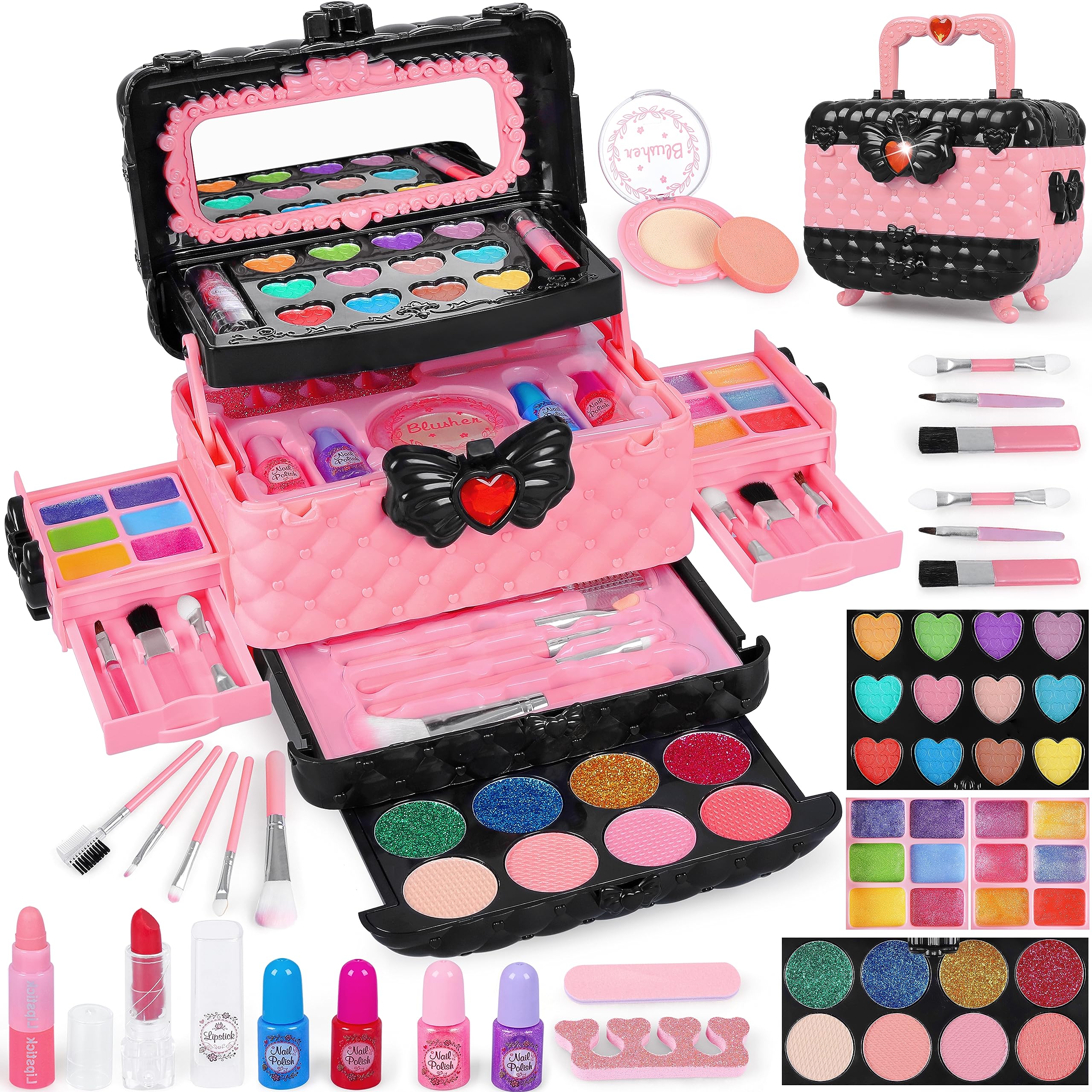 54 Pcs Kids Makeup Kit for Girls, Princess Real Washable Pretend Play Cosmetic Set Toys with Mirror, Non-Toxic & Safe, Birthday Gifts for 3 4 5 6 7 8 9 10 Years Old Girls Kids (Pink)