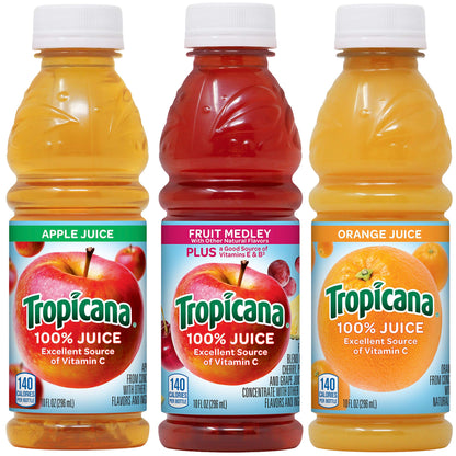 Tropicana 100% Juice, 3 flavor, 10 fl oz (Pack of 24) - Apple Juice, Fruit Medley, Orange Juice