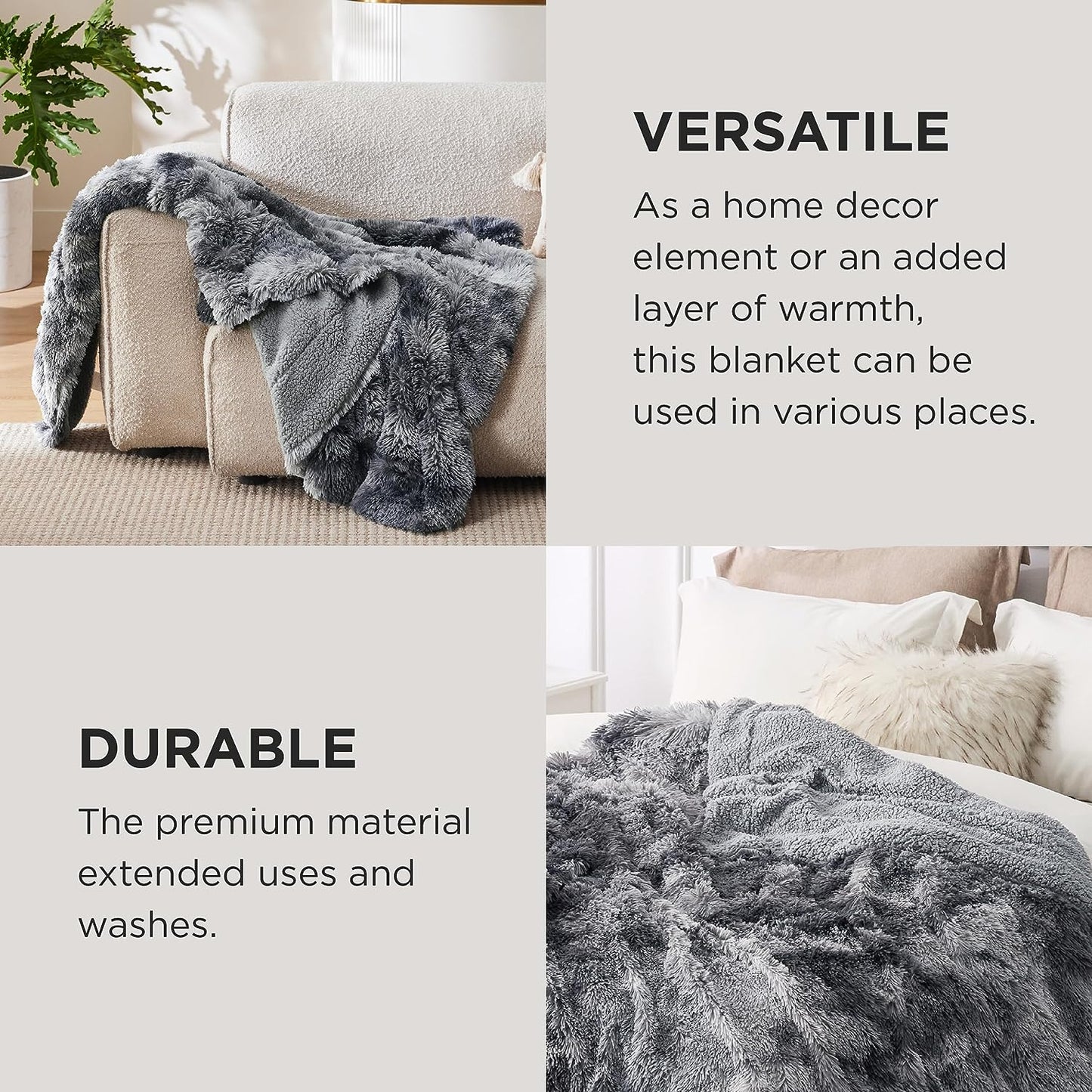 Bedsure Soft Fuzzy Faux Fur Throw Blanket Grey – Cozy, Fluffy, Plush Sherpa Fleece Blanket, Furry, Shaggy Blanket for Couch, Bed, Sofa, Thick Warm Blankets for Women, 50x60 Inches, 640 GSM