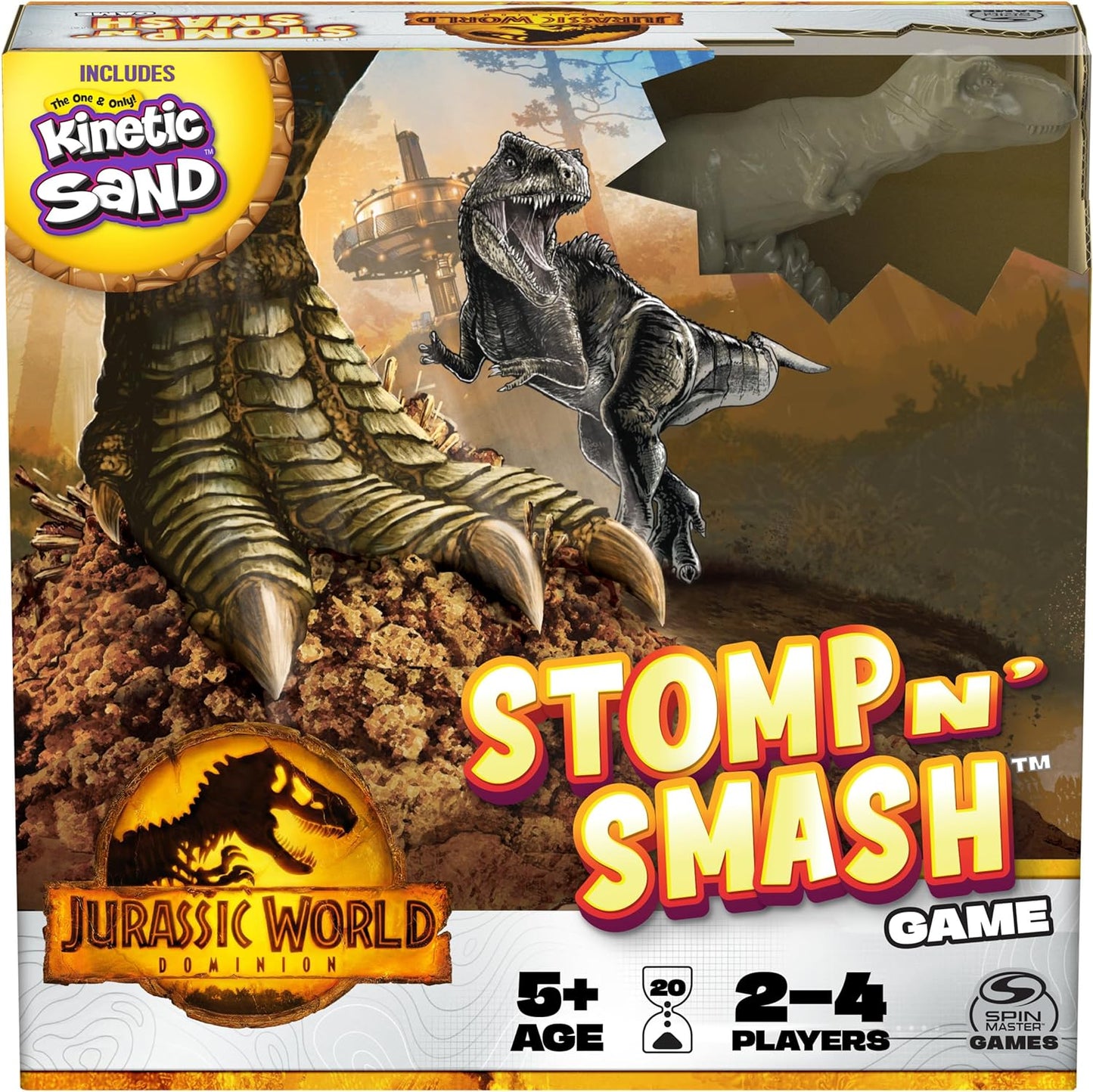 Jurassic World Dominion, Stomp N’ Smash Board Game Sensory Dinosaur Toy with Kinetic Sand Jurassic Park Movie Family Game, for Kids Ages 5 & up