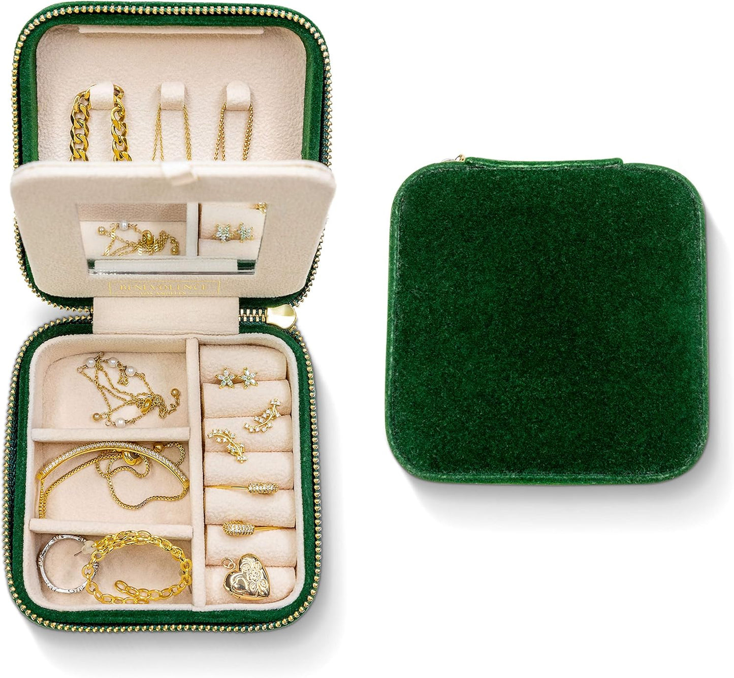 Plush Jewelry Organizer Box |Small Jewelry Boxes | Jewelry Organizer, Jewelry Travel Case for Women | Earring Organizer with Mirror - Emerald Velvet