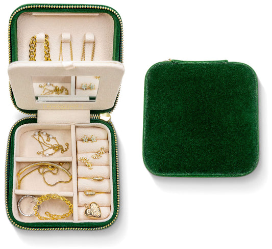 Plush Jewelry Organizer Box |Small Jewelry Boxes | Jewelry Organizer, Jewelry Travel Case for Women | Earring Organizer with Mirror - Emerald Velvet