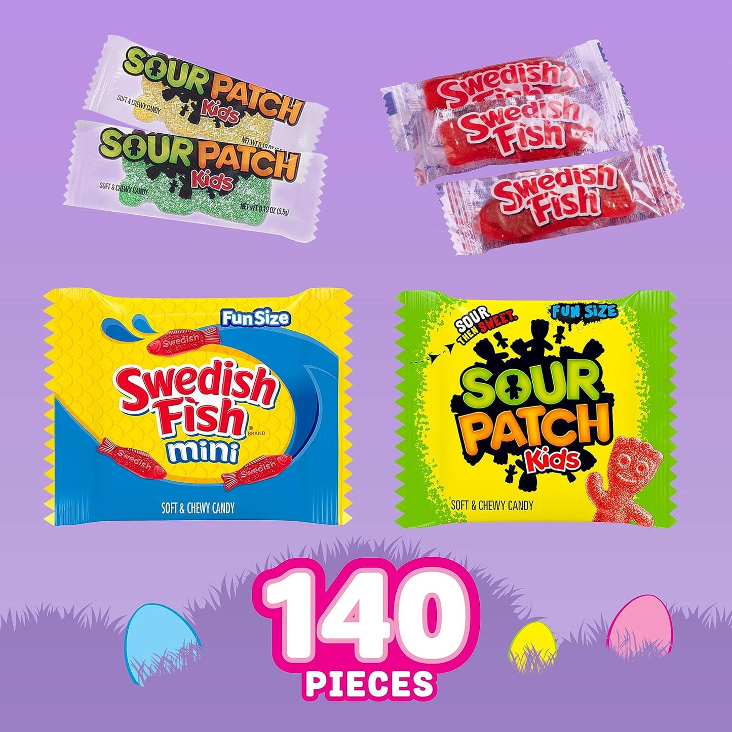 Sour Patch Kids, Sour Patch Kids Big Kids, Swedish Fish and Swedish Fish Mini Soft & Chewy Easter Candy Variety Pack, 140 Snack Packs