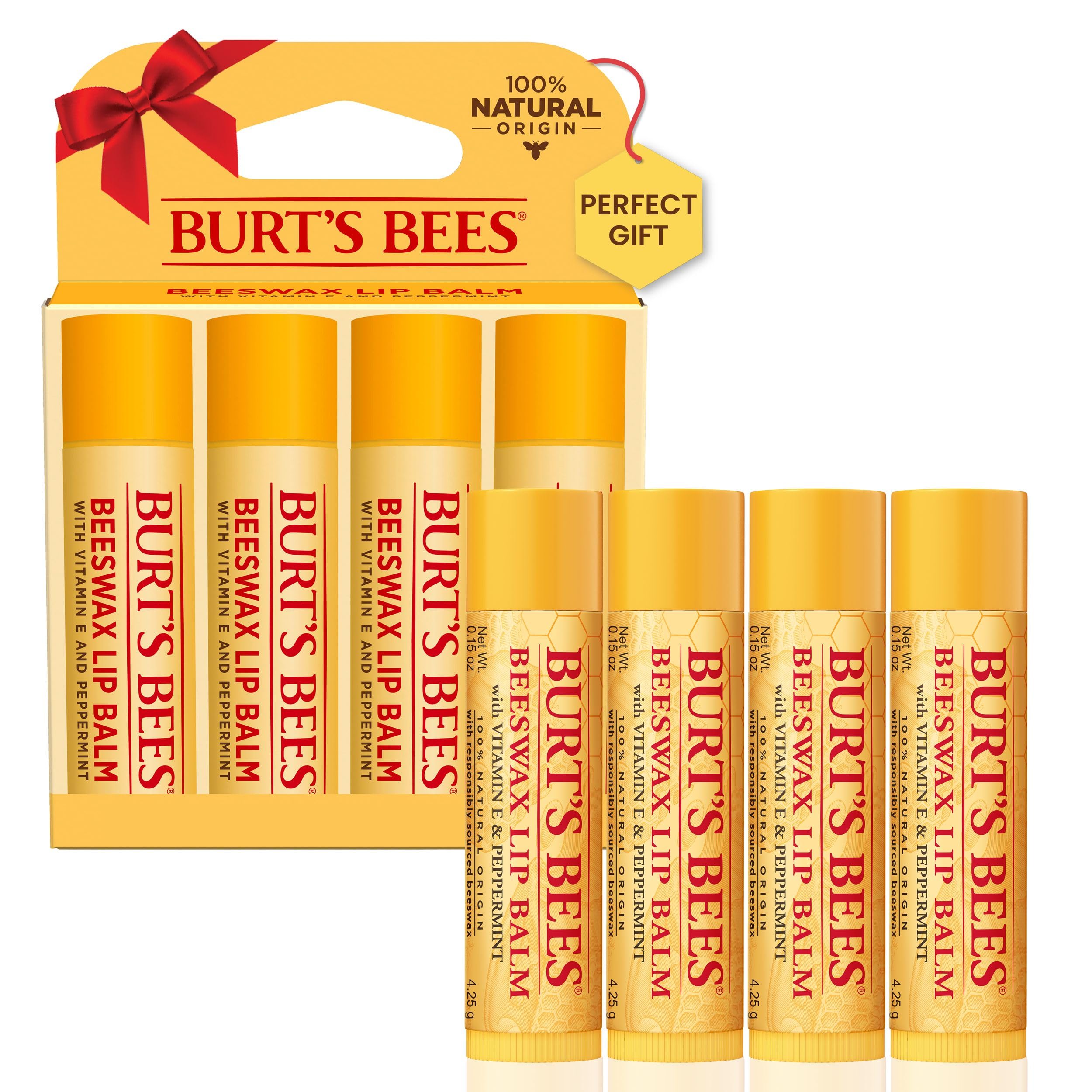 Burt's Bees Lip Balm Stocking Stuffers, Moisturizing Lip Care Christmas Gifts, Original Beeswax with Vitamin E & Peppermint Oil, 100% Natural, 4 Count (Pack of 1)
