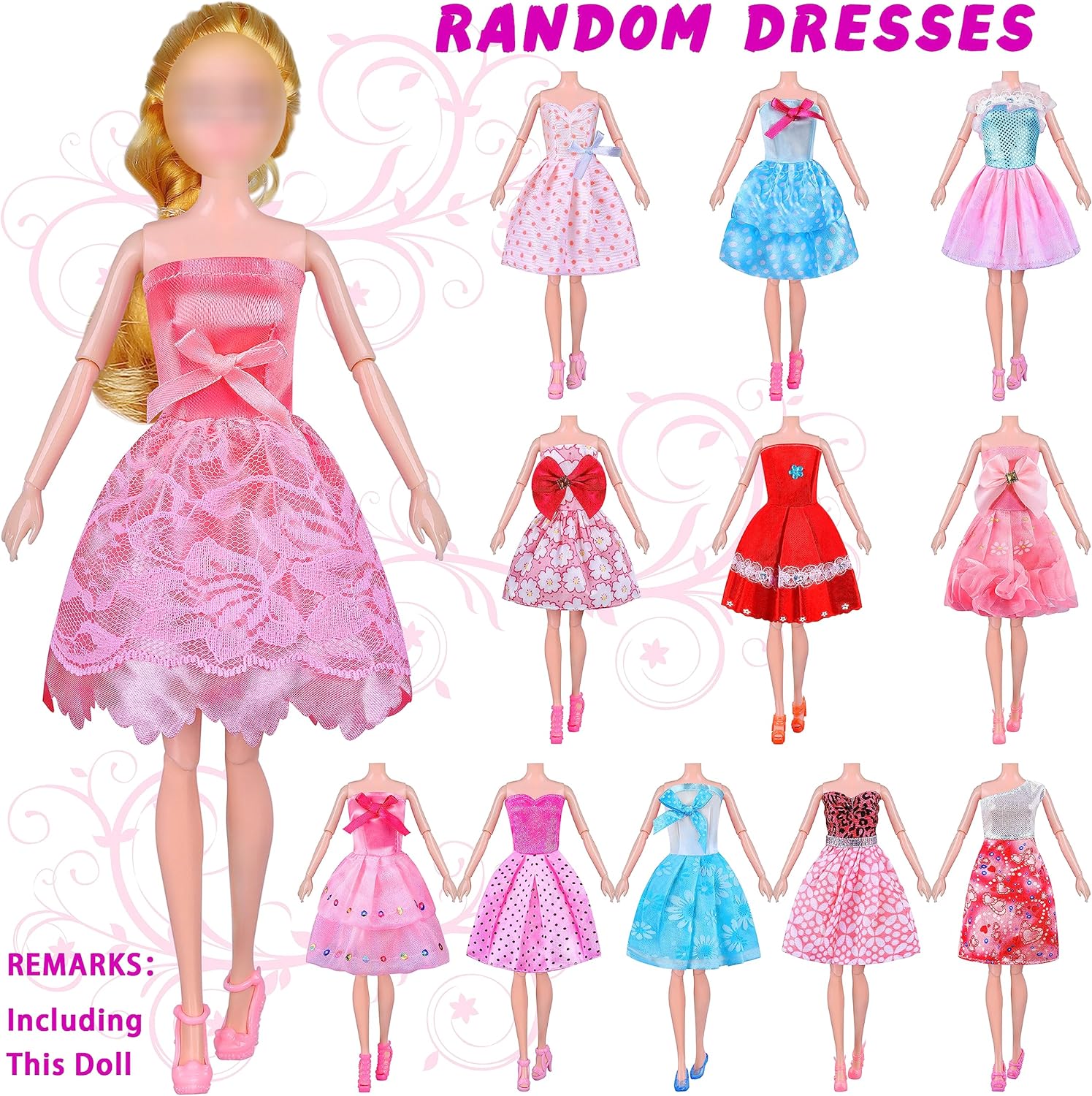 84 Pcs Doll Clothes and Accessories with Doll, Princess Gowns, Fashion Dresses, Slip Dresses, Top & Pants/Jumpsuit, Swimsuits, Shoes, Hangers, Doll Dress up Toys for Girls Kids Toddlers Toy Gifts