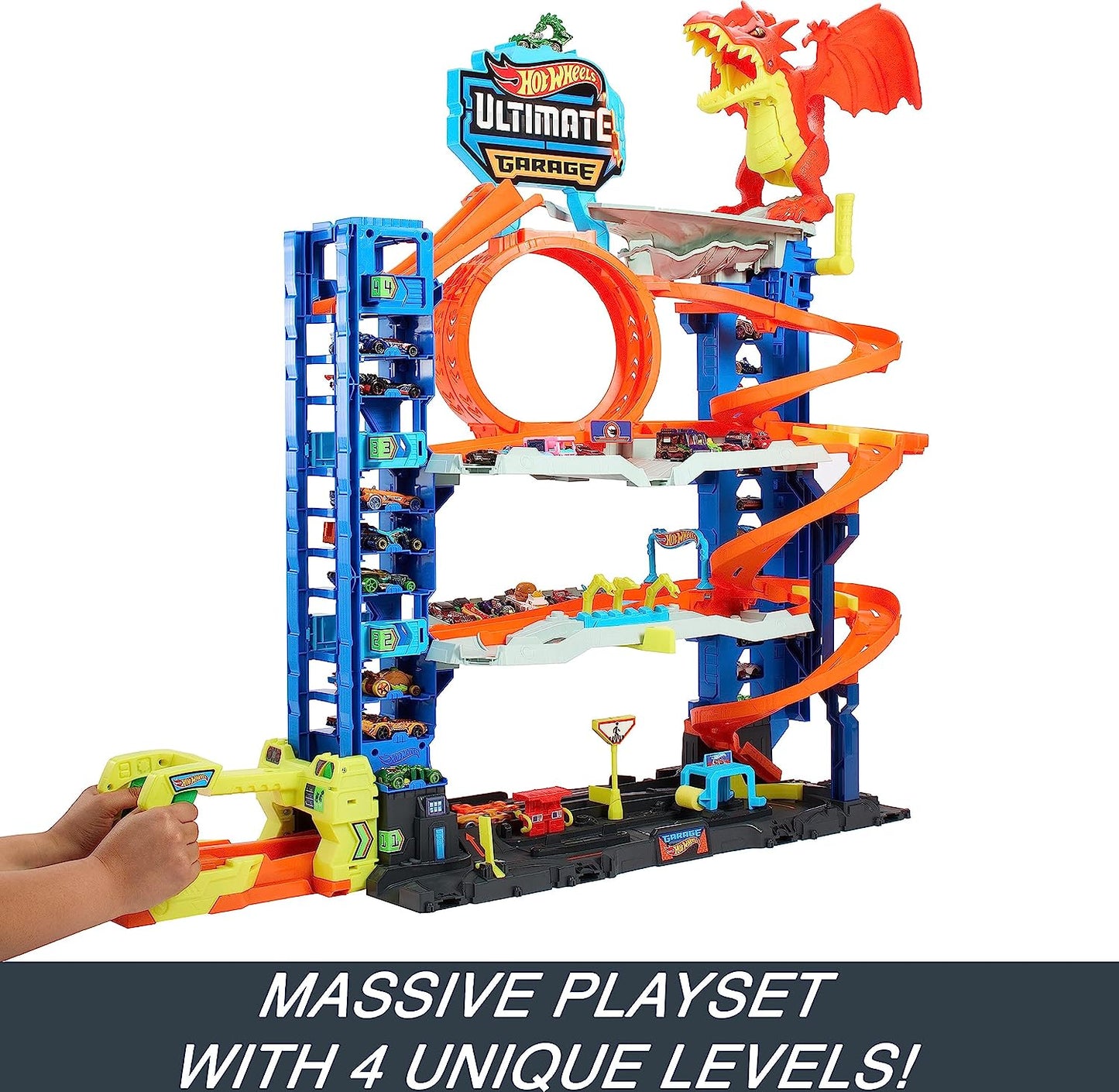 Hot Wheels City Ultimate Garage Playset with 2 Die-Cast Cars, Toy Storage for 50+ 1:64 Scale Cars, 4 Levels of Track Play, Defeat The Dragon