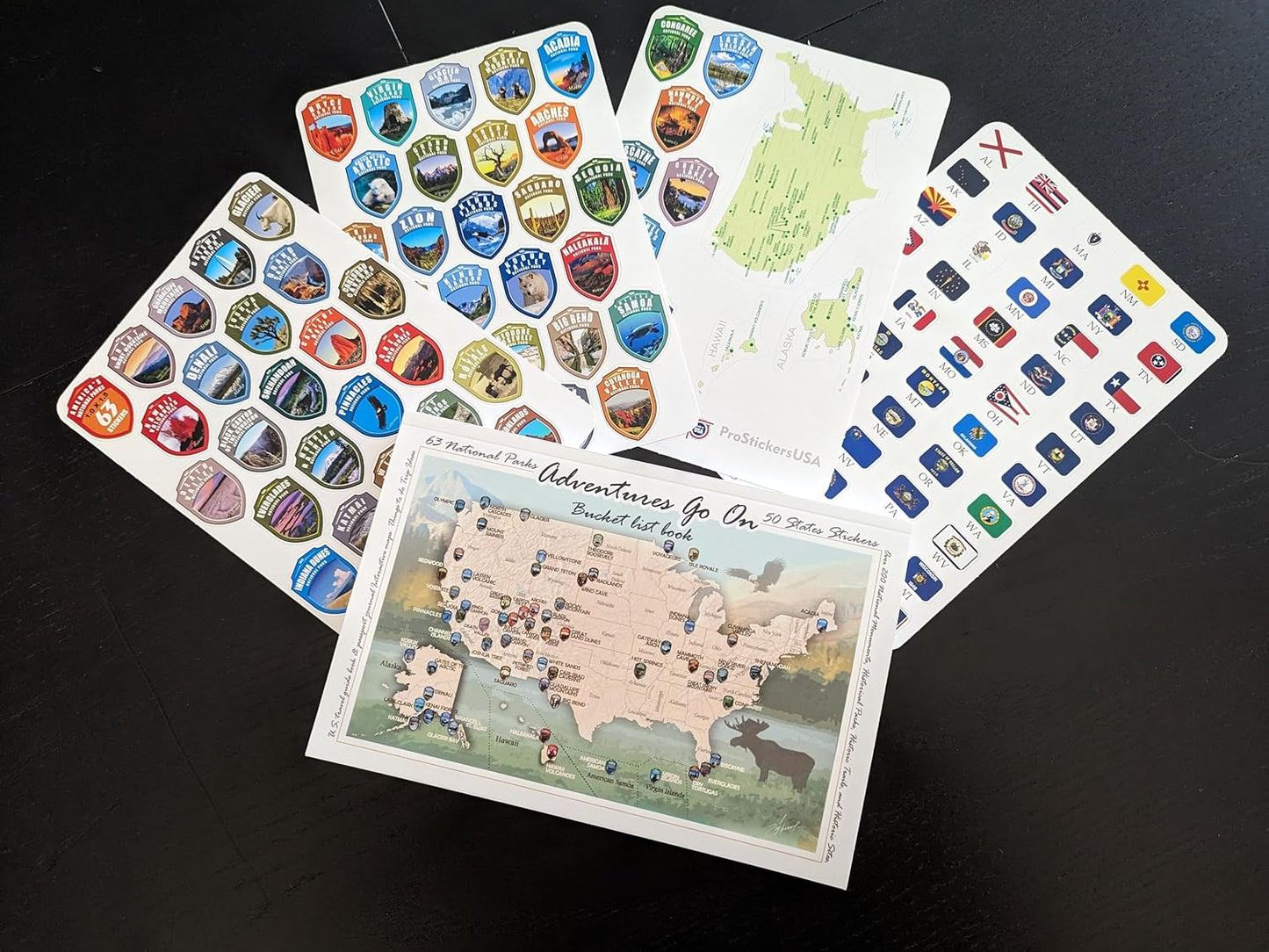 Adventures Go On. The book 2024 (170 pages) is a guide to the National Parks of the United States of America with complete stickers for all 63 US National Parks.