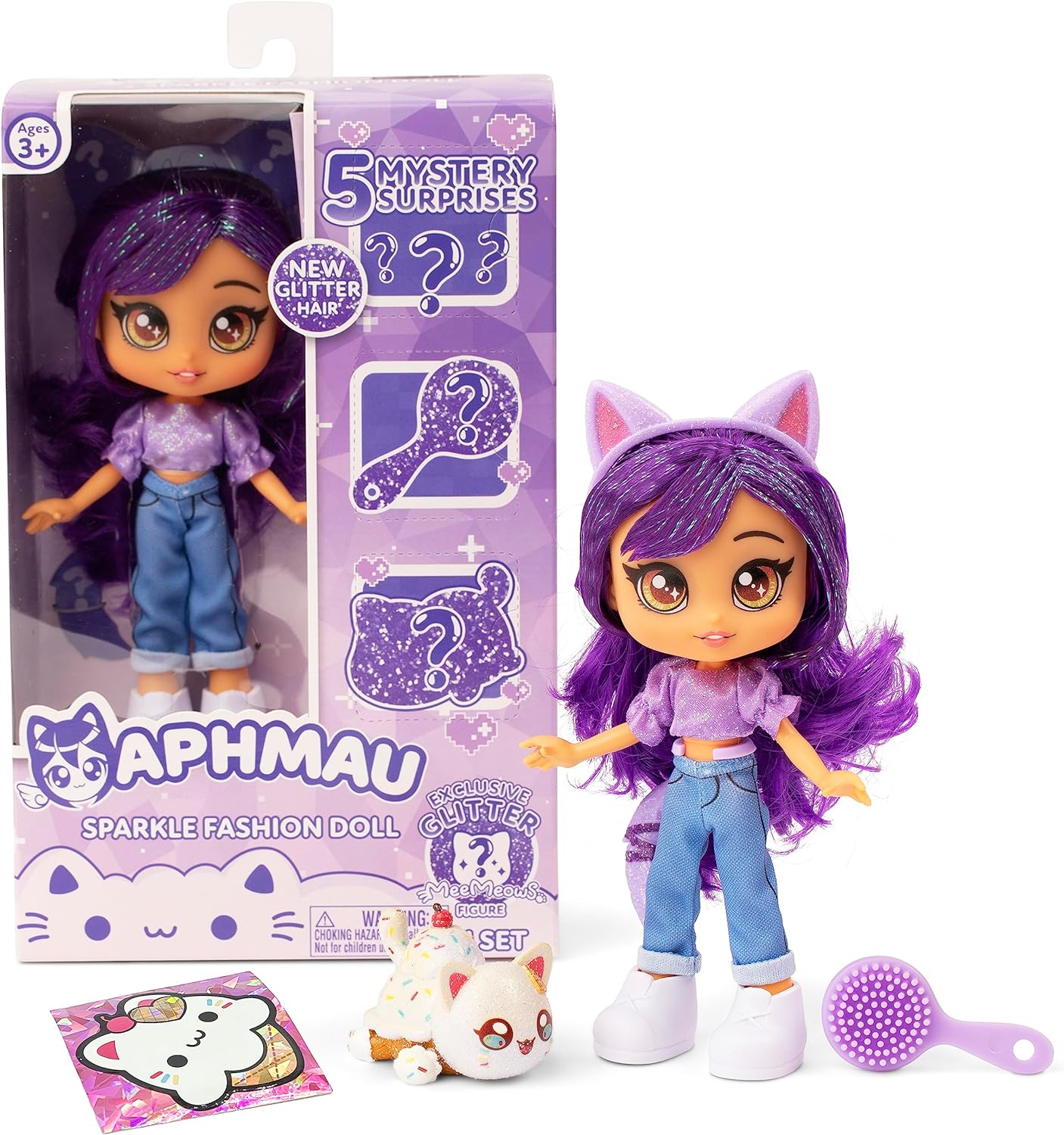 Aphmau Fashion Doll & Accessories Sparkle Edition, 5 Mystery Surprise Toys, Exclusive Glitter MeeMeows Mini Figure, Official Merch, 7 inch