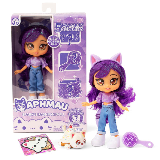 Aphmau Fashion Doll & Accessories Sparkle Edition, 5 Mystery Surprise Toys, Exclusive Glitter MeeMeows Mini Figure, Official Merch, 7 inch