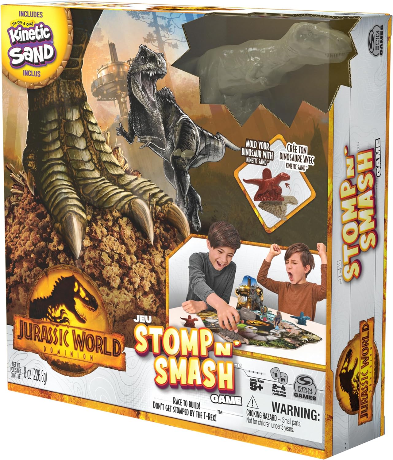 Jurassic World Dominion, Stomp N’ Smash Board Game Sensory Dinosaur Toy with Kinetic Sand Jurassic Park Movie Family Game, for Kids Ages 5 & up