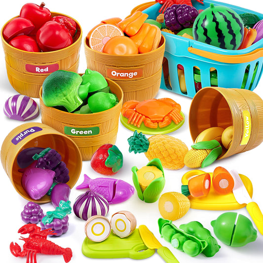 JOYIN Color Sorting Play Food Set - 69-Piece Cutting Food Toy, Kitchen Accessories for Kids, Learning Toys for Boys & Girls, Toddler Sorting /Fine Motor Skills Toy, Daycare/Preschool Educational Toys