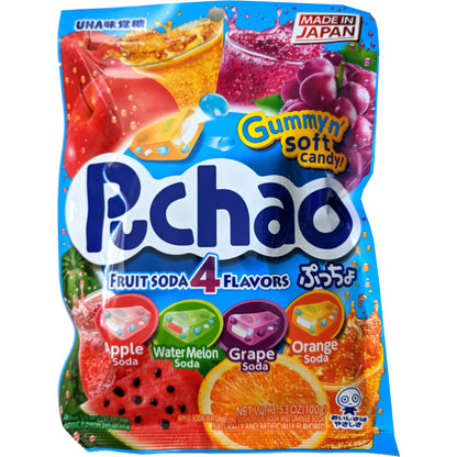 UHA mikakuto Puchao Soft Chewy Candy with Gummy Bits, 4 Fruit Soda Flavors with Apple, Watermelon, Grape, and Orange, 3.53 Oz