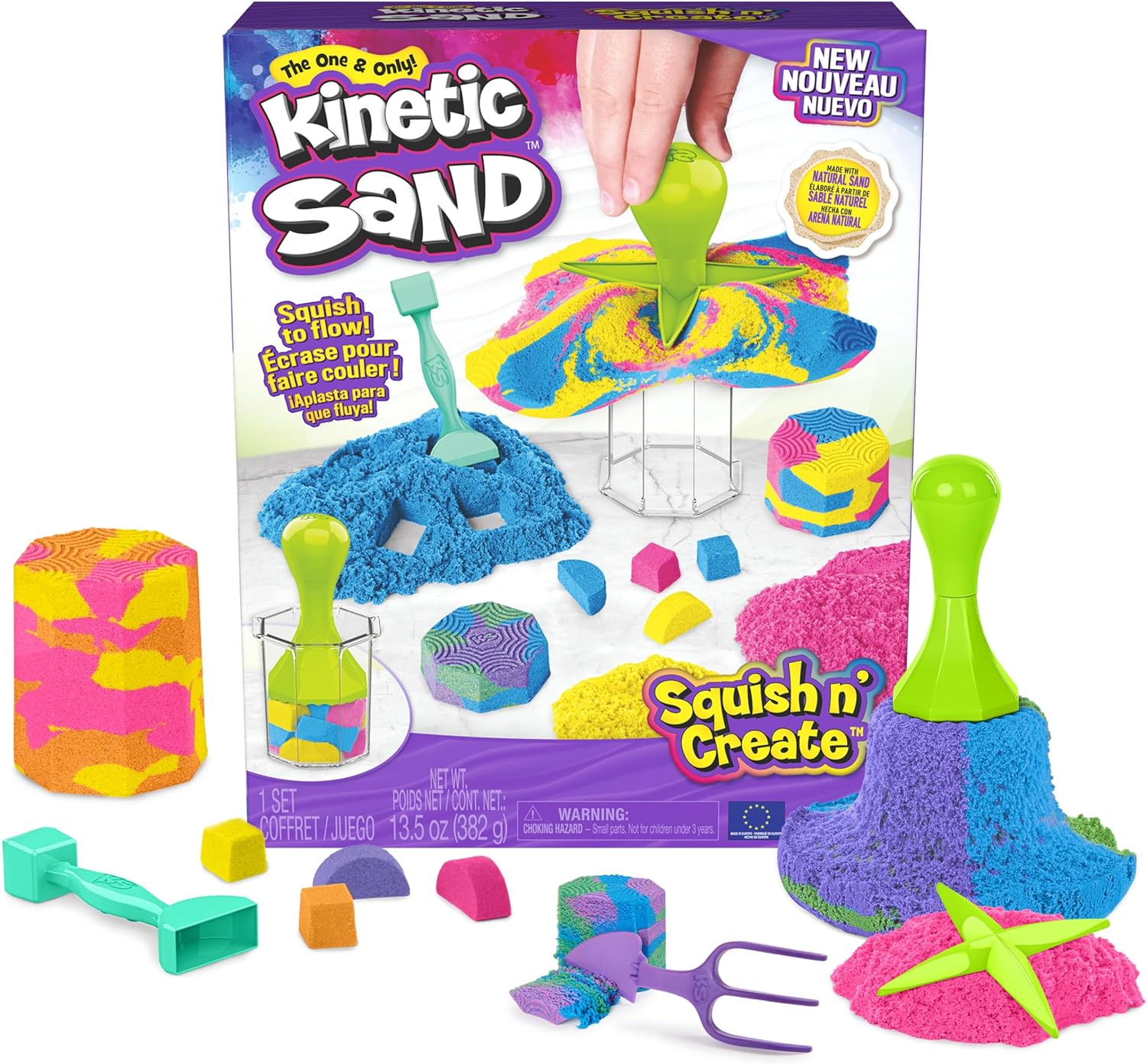 Kinetic Sand, Squish N’ Create Playset, with 13.5oz of Blue, Yellow & Pink Play Sand, 5 Tools, Stocking Stuffers for Kids