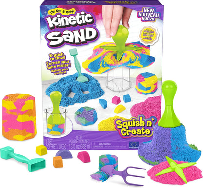 Kinetic Sand, Squish N’ Create Playset, with 13.5oz of Blue, Yellow & Pink Play Sand, 5 Tools, Stocking Stuffers for Kids