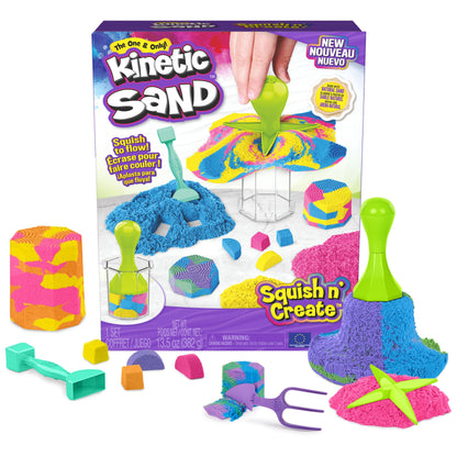 Kinetic Sand, Squish N’ Create Playset, with 13.5oz of Blue, Yellow & Pink Play Sand, 5 Tools, Stocking Stuffers for Kids