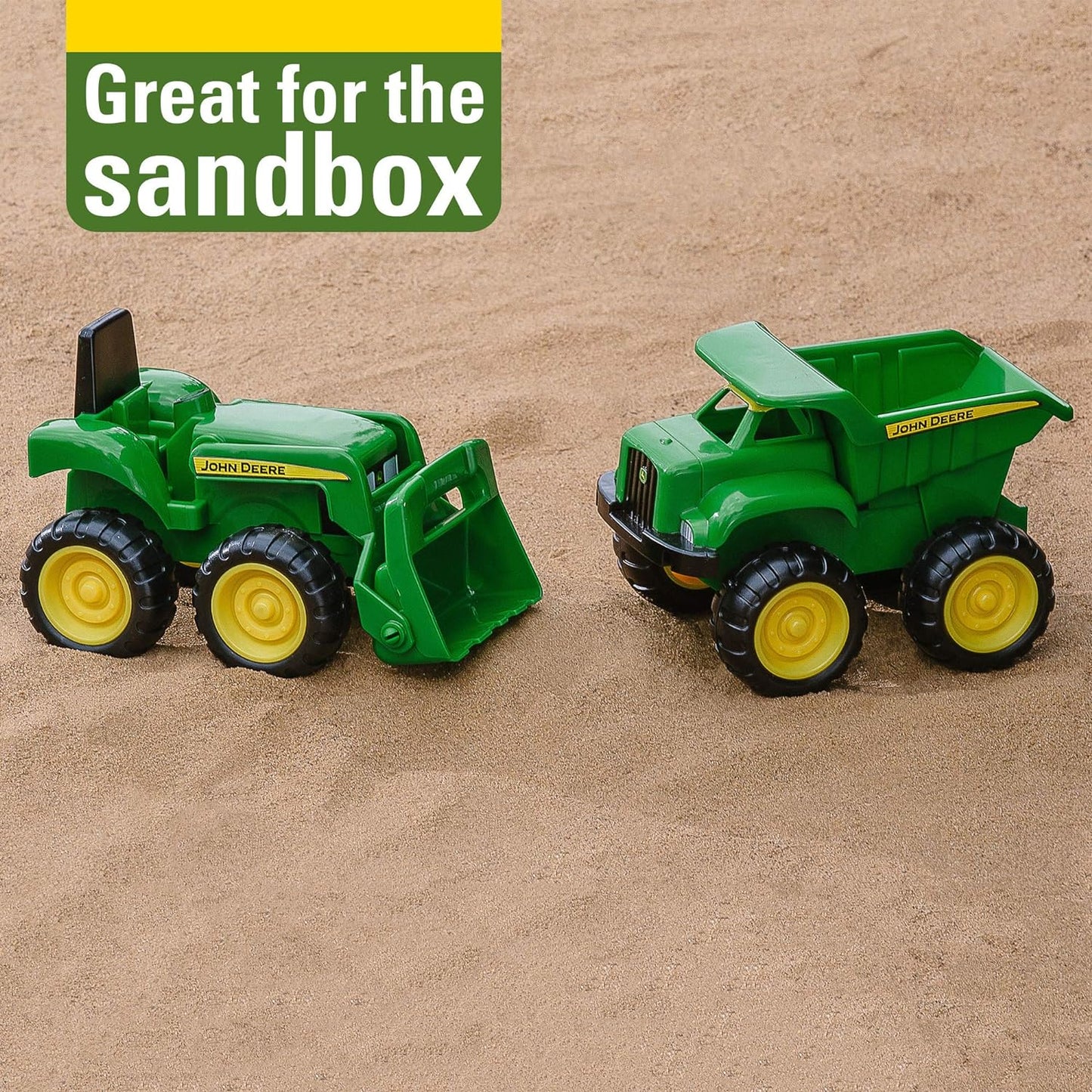 John Deere Sandbox Toys Vehicle Set - Includes Dump Truck Toy, Tractor Toy with Loader - 6 Inch - 2 Count, Green, Frustration Free Packaging