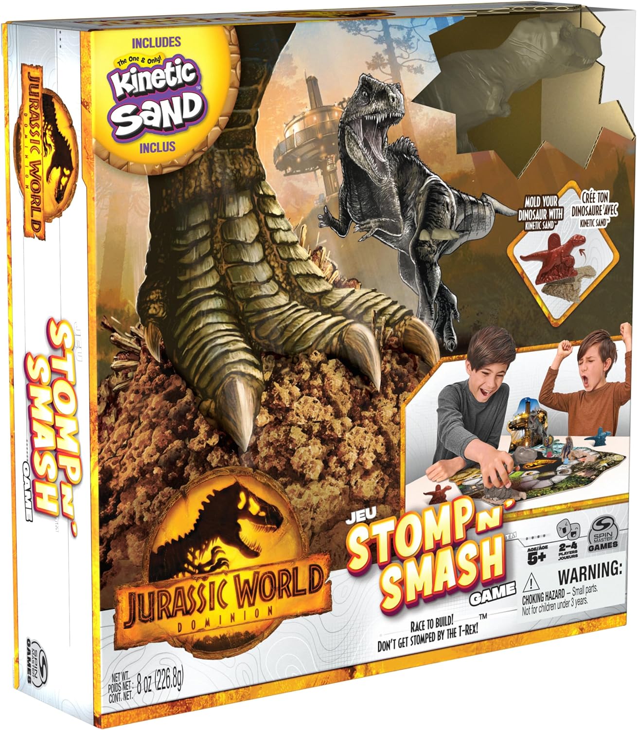 Jurassic World Dominion, Stomp N’ Smash Board Game Sensory Dinosaur Toy with Kinetic Sand Jurassic Park Movie Family Game, for Kids Ages 5 & up